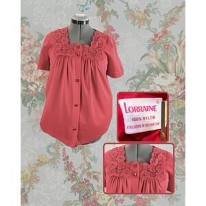 Vintage 70s Lorraine Coral Red Lace Sleep Top Blouse Size 32/L